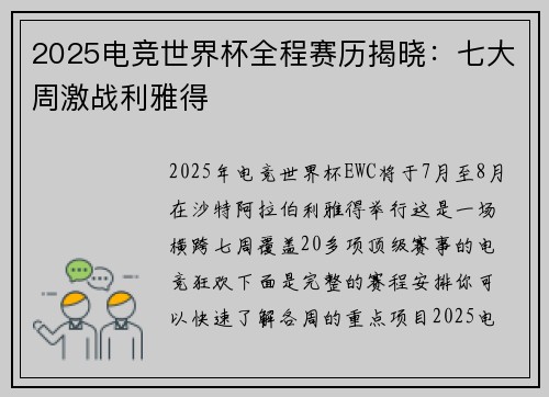 2025电竞世界杯全程赛历揭晓：七大周激战利雅得